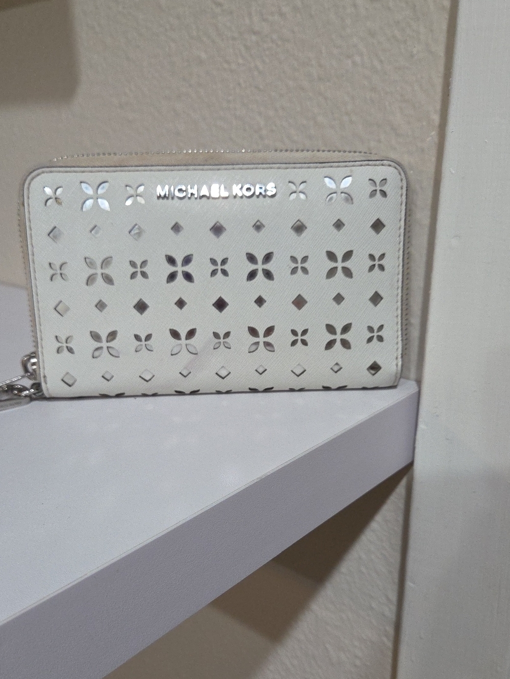 Michael Kors White Perforated Zip-Around Wallet with Metallic Accents
